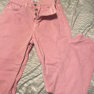 viral ZARA pink extra high rise wide leg mom jeans with four silver buttons
